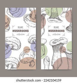 Two labels with Lentinula edodes aka shiitake and Pleurotus eryngii aka king oyster mushroom sketch. Edible mushrooms series. Great for cooking, traditional medicine, gardening.