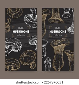 Two labels with Lentinula edodes aka shiitake and Pleurotus eryngii aka king oyster mushroom sketch on black. Edible mushrooms series. Great for cooking, traditional medicine, gardening.