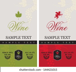 two labels for red and white wine with grapes and Cupid