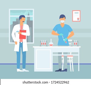 Two laboratory assistants making scientific research in modern clinic. Scientists in white medical coats working with tubes, make experiments, exploring tests. Vector illustration in flat style