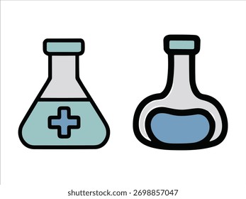 Dos vasos de Vector de estilo minimalista, uno con una cruz médica y otro con líquido azul. Representa la ciencia de laboratorio, experimentos de química y concepto de pruebas médicas.