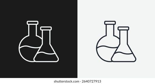 Two Laboratory Flasks (Round-Bottom and Erlenmeyer) on Black and White Backgrounds, Representing Science or Chemistry, White Outline Icon