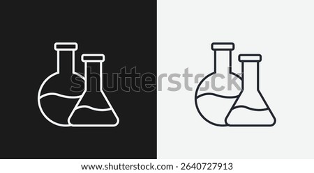 Two Laboratory Flasks (Round-Bottom and Erlenmeyer) on Black and White Backgrounds, Representing Science or Chemistry, White Outline Icon