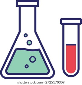 Dos recipientes de vidrio de laboratorio, un matraz con líquido verde y burbujas y un tubo de ensayo con líquido rojo