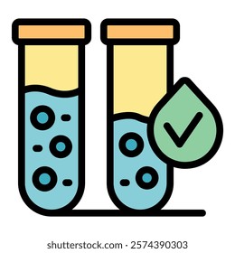 Two laboratory test tubes with blue liquid and green check mark confirming good results