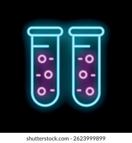Two laboratory test tubes with bubbles inside are glowing on a black background