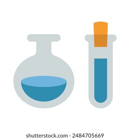 Two Laboratory test tubes, flasks. Transparent glassware with chemical reagents. Experiment equipment for chemistry lessons. Vector illustration isolated on white, flat design
