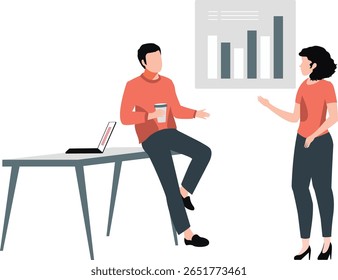 Two labors engage in a discussion on graphs, analyzing trends, data points, axes, scales, and interpretations.