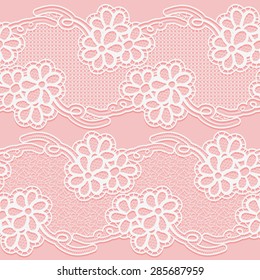 Two Lace Ribbons. Seamless white floral tape on a pink background. Vector illustration.