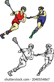 Two lacrosse player competing against each other. Hand drawn vector illustration.