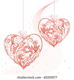 Two lacy heart on a string on the starry dust