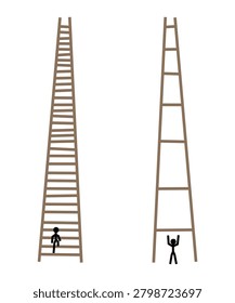 Two ladders comparing small achievable steps versus an impossible giant leap to success, concept vector illustration.