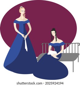 Zwei Damen des 19. Jahrhunderts. Vektorgrafik im Stil von flachem Design.