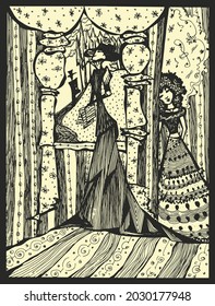 Two ladies abstract hand drawn graphic illustration. Vector.