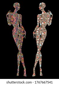 Two ladies body stencil decorated various patterns, isolated on the black background 