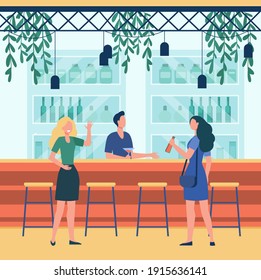 Two ladies drinking in bar and talking with bartender. Alcohol, drink, bottle flat vector illustration. Leisure and weekend concept for banner, website design or landing web page