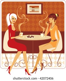 Two ladies drinking coffee in cozy cafe