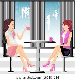 Two ladies drinking tea in a cafe/ Cafe