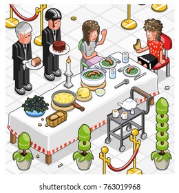 Two ladies fine dining in expensive restaurant, two waiters serving delicious dishes (vector illustration)