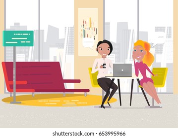 Two ladies make  conversation and work online in the modern living room. Business Characters scene illustration. Teamwork at home. Business co working  process. -stock vector