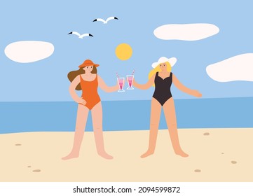 Two ladies rest and drink drinks by the sea. Vector hand drawn illustration in cartoon flat style. 