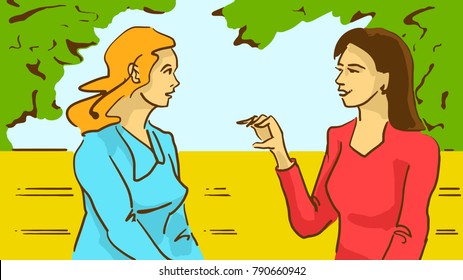 Two Ladies Talking Sitting On A Bench In The Park.  Cartoon Color Vector Sketch. 