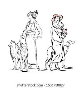 Two ladies in vintage style walk with dogs. Women in hat, long dress, fur coat. Girl holds bouquet of flowers. Drawing for coloring. Graphic female silhouette.