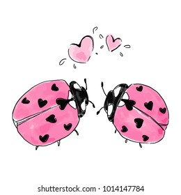 	
Two ladybirds with hearts. Valentine design. Hand drawn vector watercolor elements isolated. 