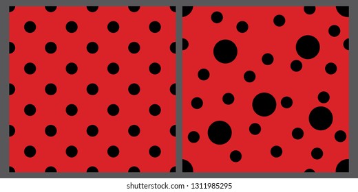 Two ladybug patterns set. Red and black backgrounds. Bright polka dot backdrops