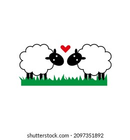 Two lamb icon. Red heart.Green grass. Livestock character. Love symbol. Romantic style. Vector illustration. Stock image. 