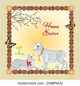Two lambs and daffodil Easter background place for text vector illustration