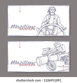 Two landscape banners with old captain and navigational instruments sketch. Maritime adveture series. Great for travel ads and brochures, sailing and tourist illustrations.