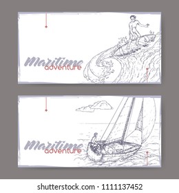 Two landscape banners with sailboat and surfer sketch. Maritime adveture series. Great for travel ads and brochures, sailing and tourist illustrations.