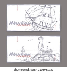 Two landscape banners with tall ship and lighthouse sketch. Maritime adveture series. Great for travel ads and brochures, sailing and tourist illustrations.