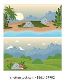 two landscapes scenes with flowers and beach vector illustration design