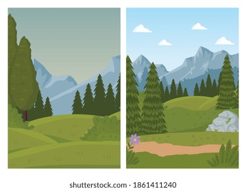 two landscapes scenes with pines forest vector illustration design
