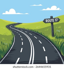 A two lane asphalt road curves through a green hilly landscape under a light blue sky with fluffy white clouds A dark grey wooden signpost indicates Route 17 The style is simple and illustrative