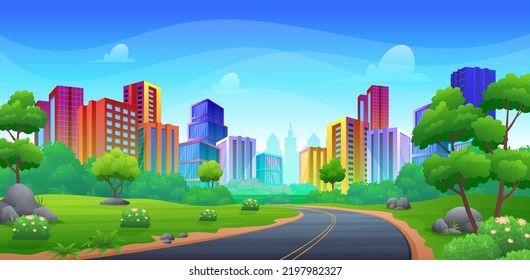 Carretera asfaltada de dos carriles a la ciudad con edificios de rascacielos coloridos y ilustración vectorial de verdes colinas, arbustos y árboles