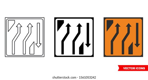 Two lane crossover (out) roadworks sign icon of 3 types: color, black and white, outline. Isolated vector sign symbol.