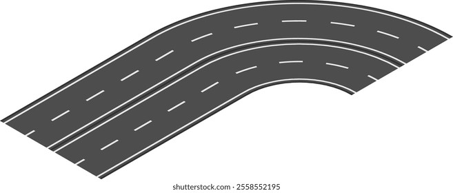 Two lane highway making a gentle curve with white lane markers on a dark gray surface, offering a simple yet effective representation of transportation and infrastructure