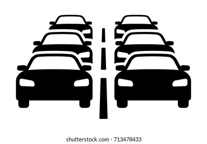 Two lanes of heavy car traffic jam flat vector icon for automobile apps and websites