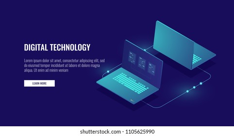 Two Laptop Computer Exchanging Data, Data Encryption, Protected Connection Concept Isometric Vector