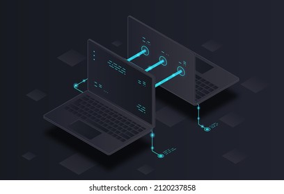 Dos ordenadores portátiles. Tecnología y comunicación inalámbrica, Internet e intercambio de datos. Transferir archivos de un dispositivo a otro. Diseño de la página de inicio del sitio web. Isometric vector ilustración