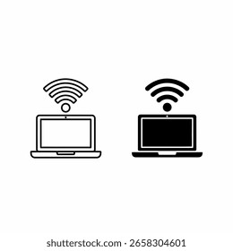 Dos iconos de la computadora portátil, uno delineado, uno negro sólido, ambos con símbolos WiFi por encima de ellos.