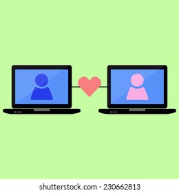 Two laptops connected with heart in flat style. man and woman, virtual love