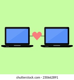 Two laptops connected with heart in flat style. Virtual love