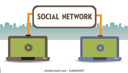 Two laptops connected through a social network. Social network concept