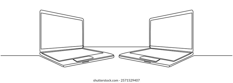 Two laptops with connection to each other continuous line drawing. Portable digital gadgets. Vector illustration isolated on white.
