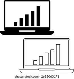 Dos computadoras portátiles que muestran un gráfico de barras ascendente, una silueta negra sólida y la otra delineada.