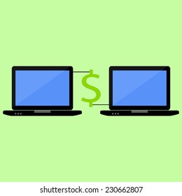 Two laptops in flat style connected with dollar. E-commerce and business